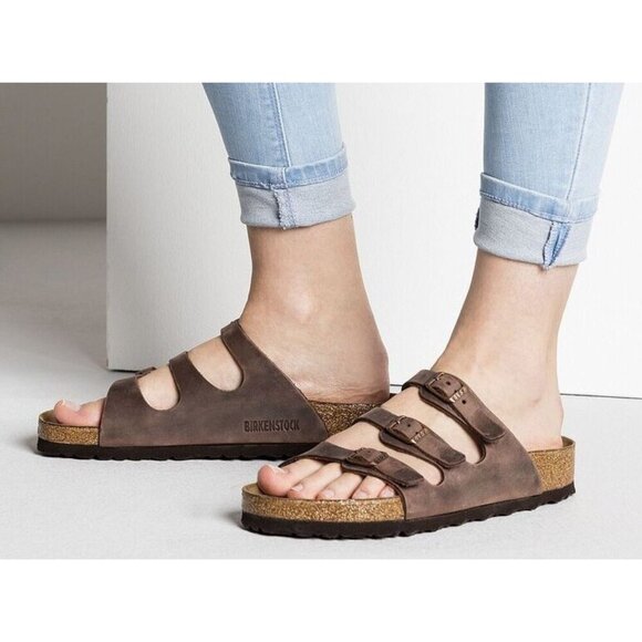 Birkenstock Women’s Florida Soft Footbed Brown Leather Sandals Size 5 US - Picture 1 of 11